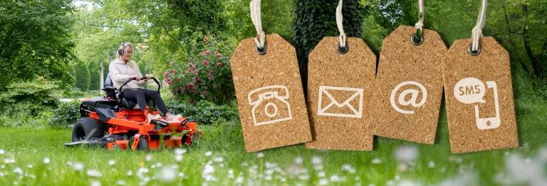 Ariens Contact page, illustrative image of a Zero-Turn mower and contact icons like telephone, mail etc