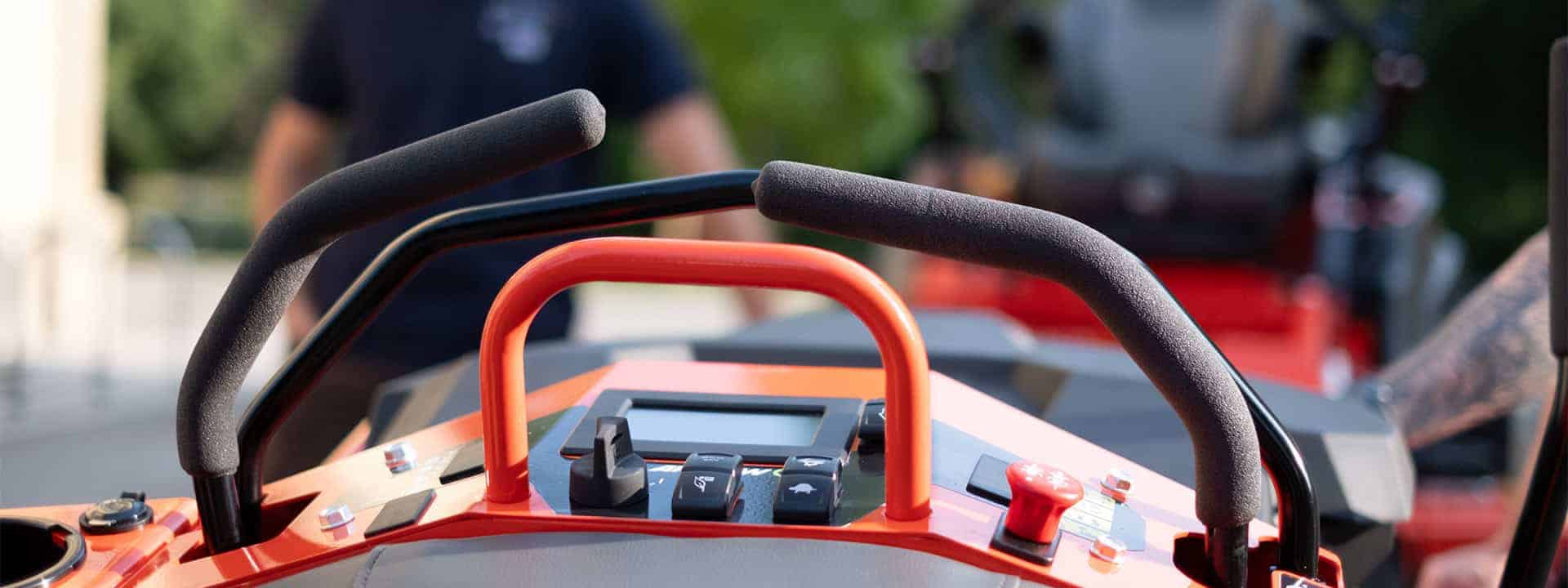 Close-up shot of the control/driver levers of a Zero-Turn mower