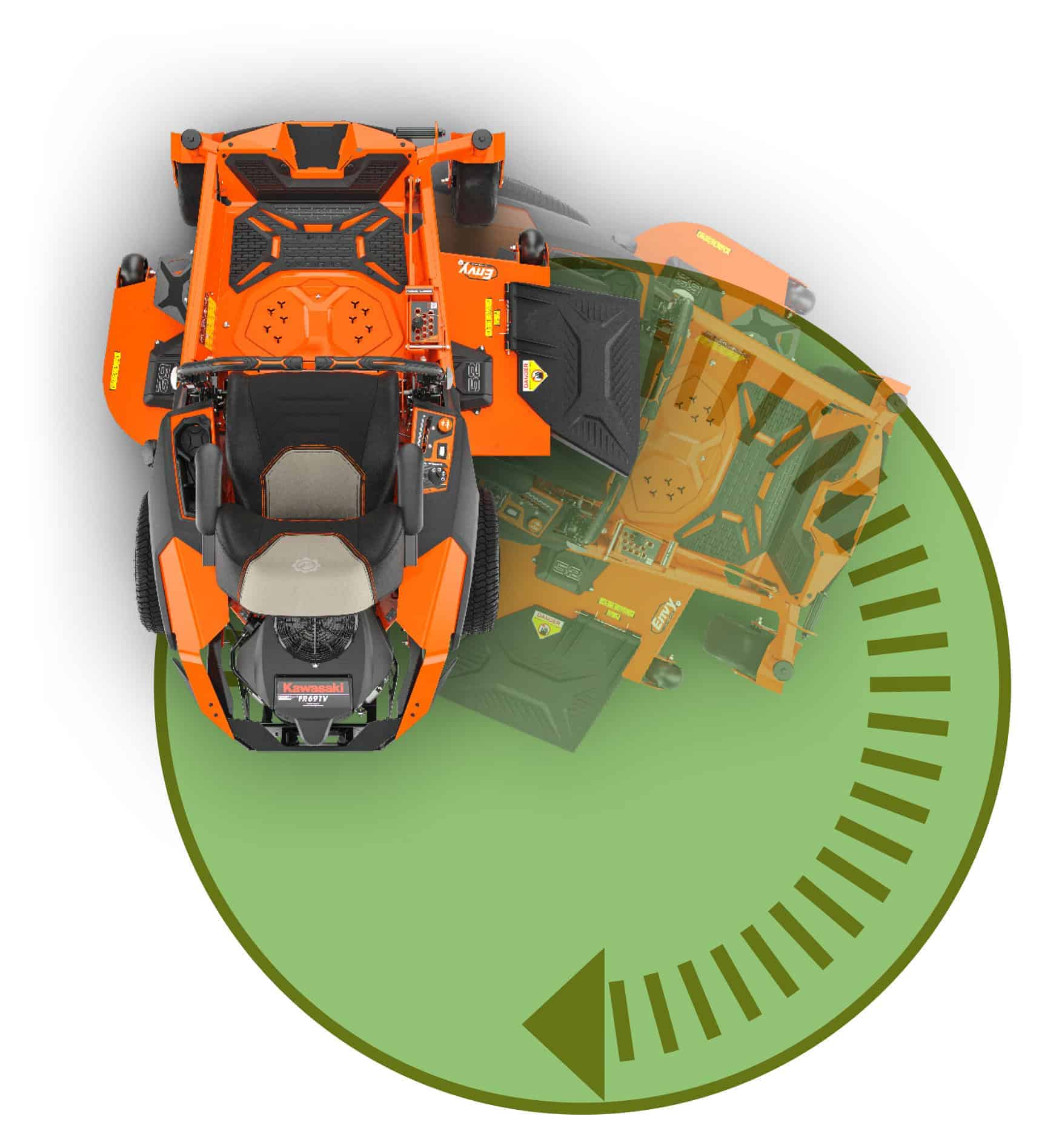 Illustration how a Zero-Turn mower can turn on the spot, 360 degrees