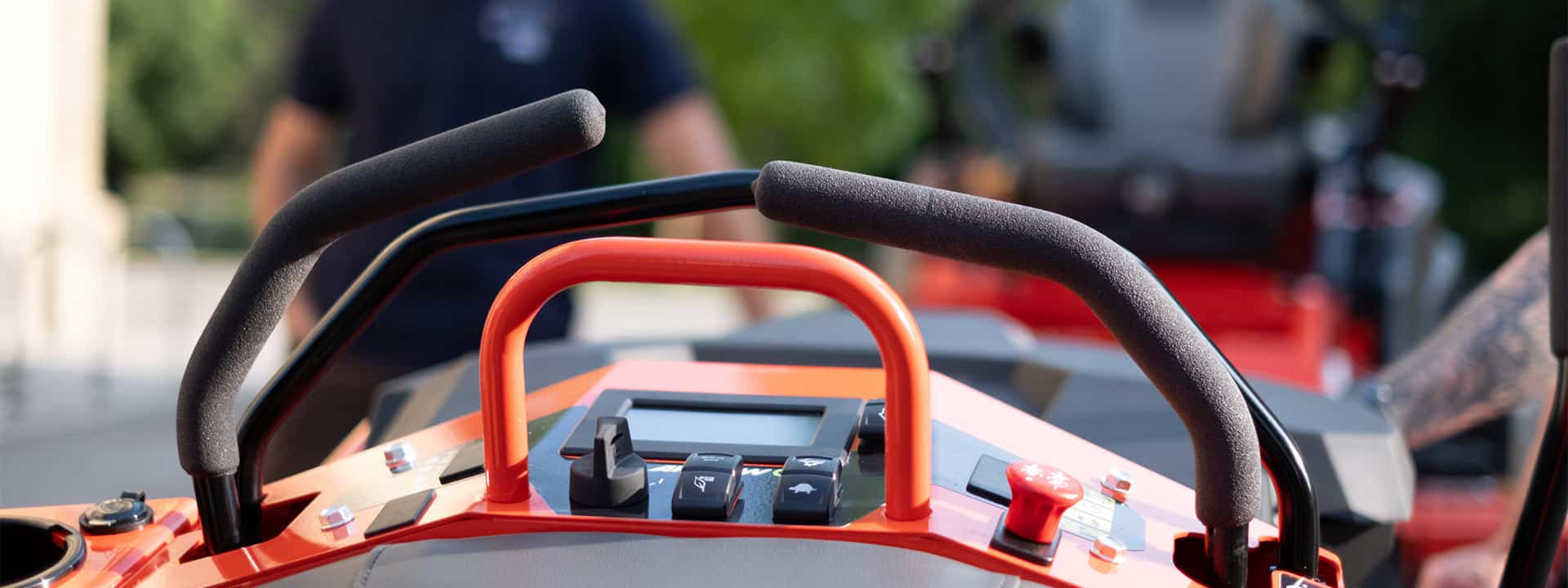 Close-up shot of the control/driver levers of a Zero-Turn mower