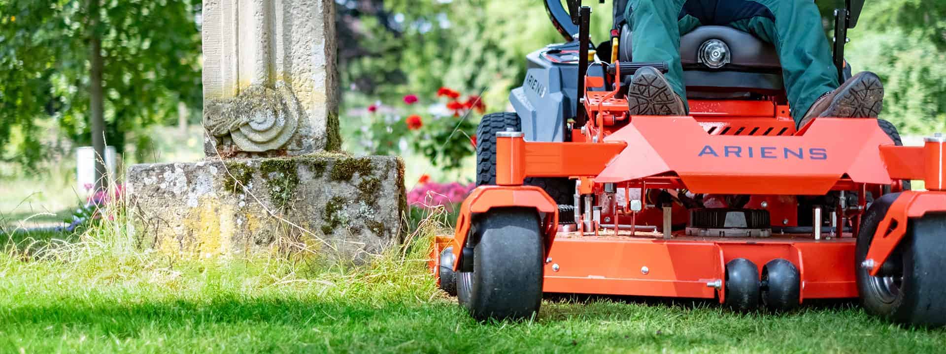 Close-up shot of the mower deck of a Ariens Zero-Turn mower, showcasing the movability of a Zero-Turn mower